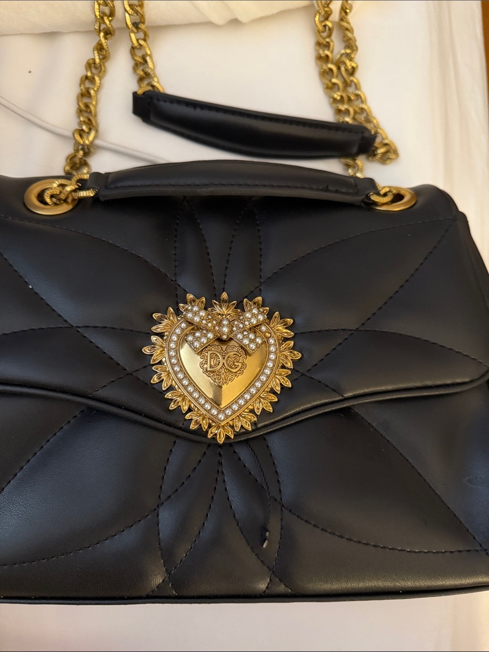 Dolce & Gabbana Black Quilted Shoulder Bag with Gold Heart Medallion - Picture 1 of 6